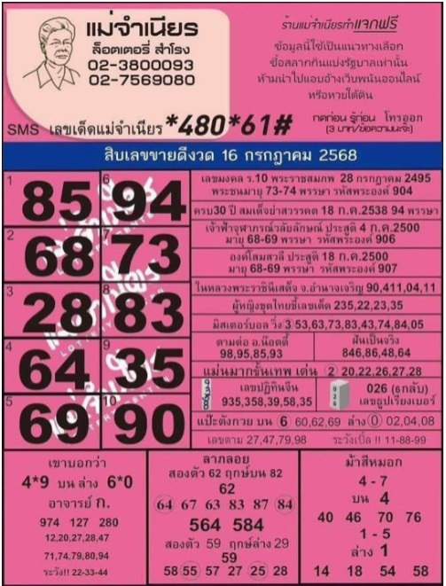 หวยแม่จำเนียร 16/7/68